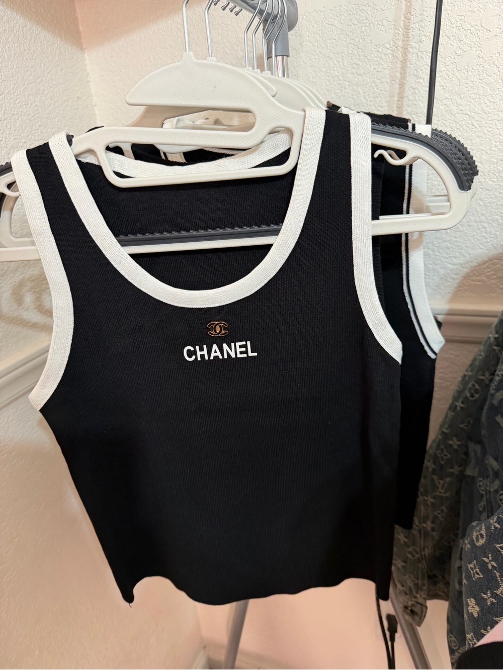 CHANEL Black Tank Top with White Trim and Gold Logo